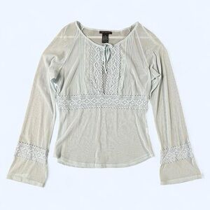 Y2k Sheer Long Sleeve Top Bell Sleeve Lace Tie Medium Fairy Boho Cottagecore Vtg